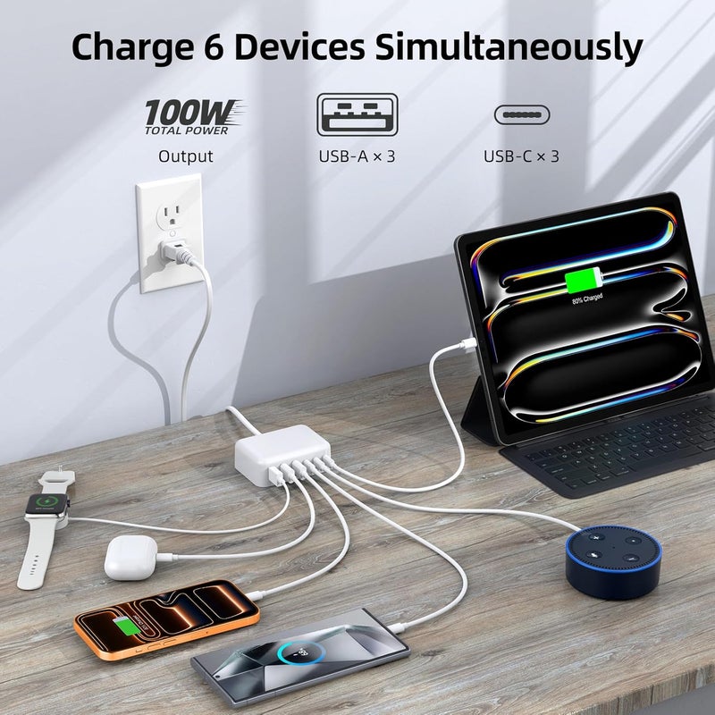 BOVICAS محول شاحن USB C، 100 واط GaN 6 منافذ PD USB C QC USB A محول حائط مربع، محطة شحن فائقة السرعة من نوع C لجهاز iPhone 17 16 15 14 13 Pro Max iPad Samsung Pixel 5 أقدام كابل تمديد - Image 3